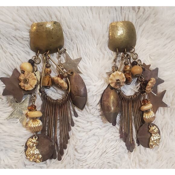 Vintage Pierced Earrings Dangle Multi Strand Beads Boho Bohemian Hippie Gypsy - Picture 3 of 4